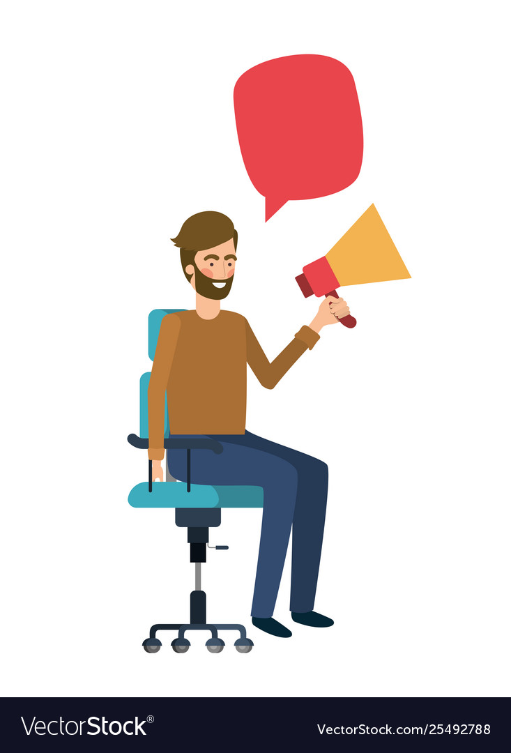 Man with sitting in office chair and megaphone Vector Image