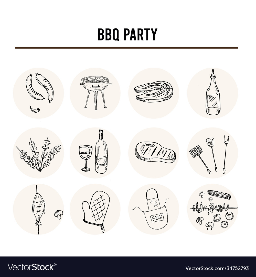 Bbq party set menu doodle icons