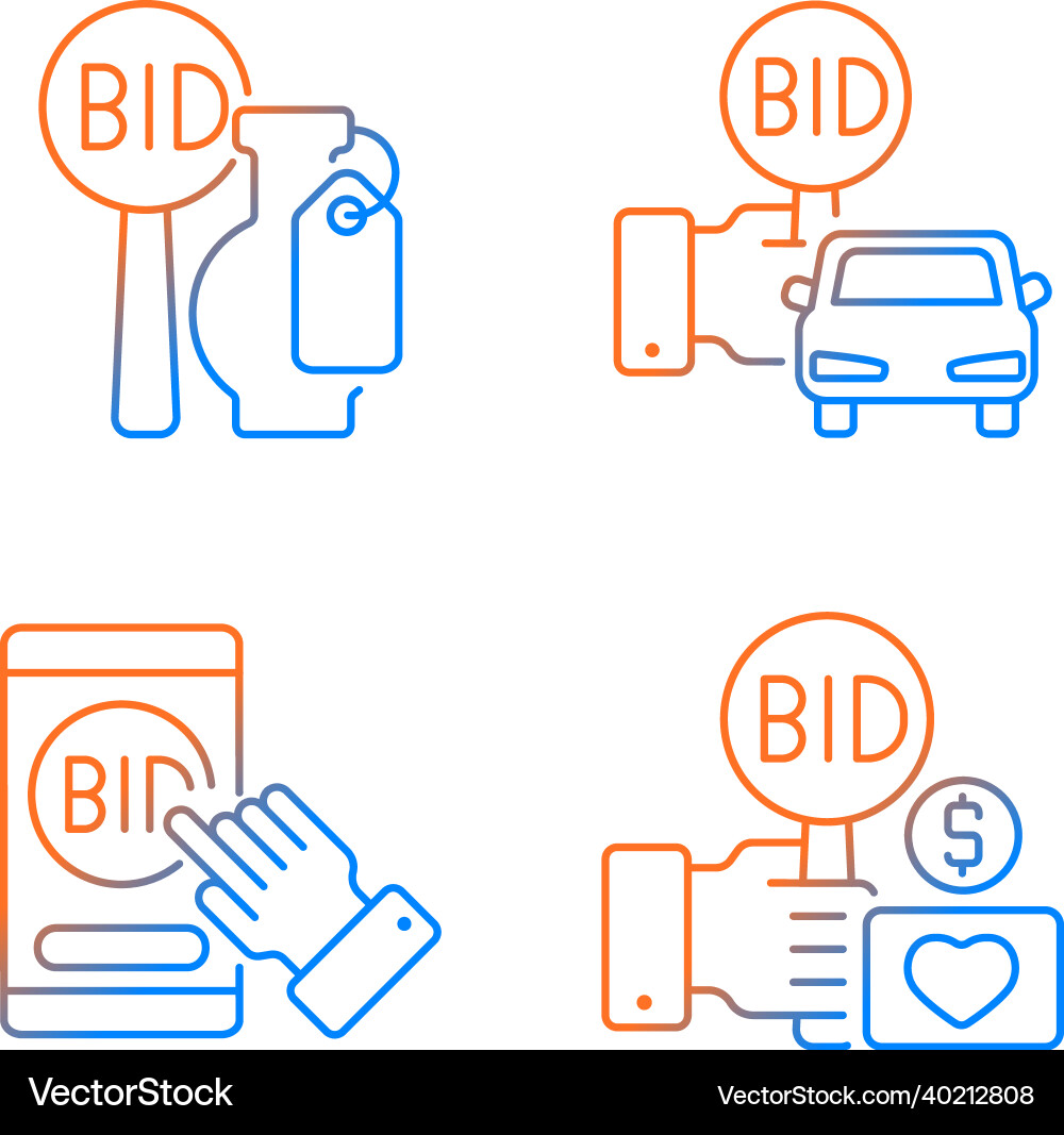 Auction items gradient linear icons set Royalty Free Vector