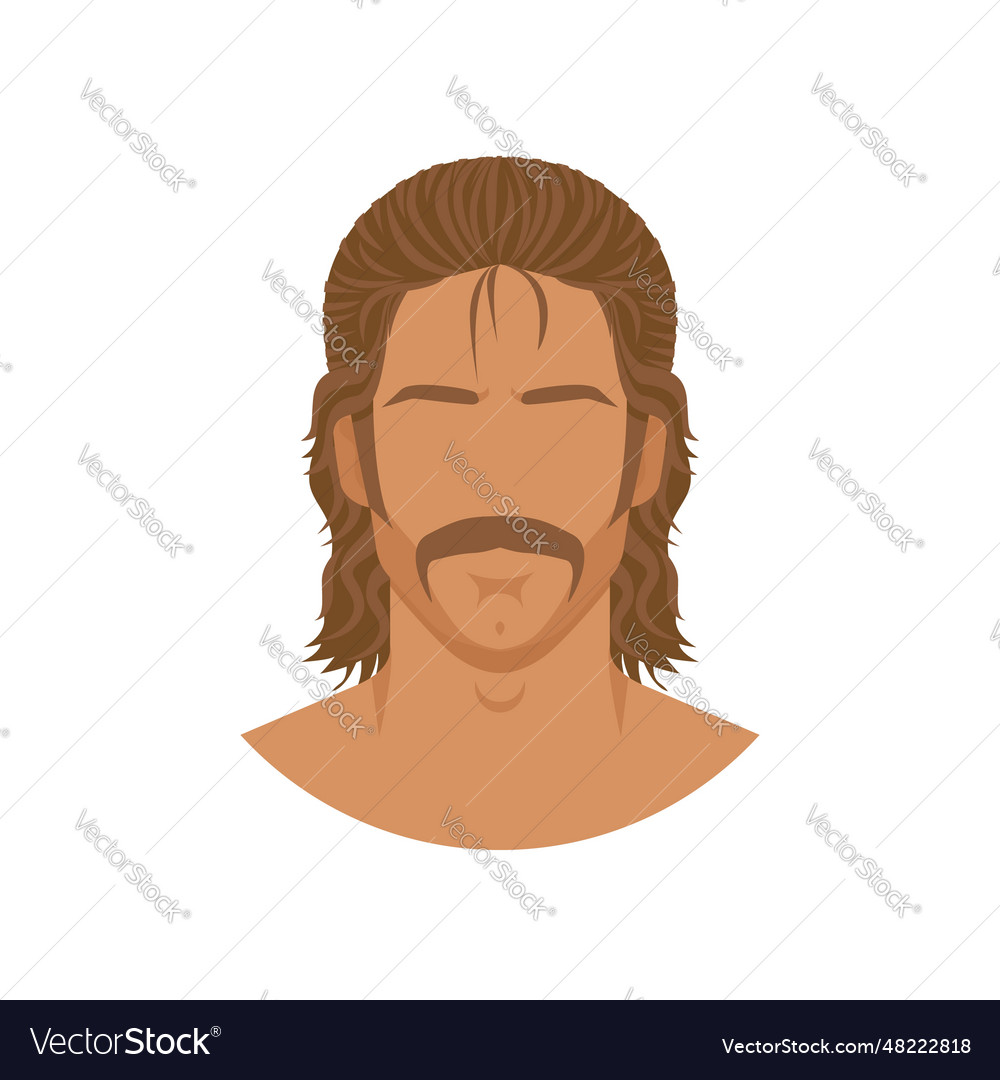 Face of man with mustache and mullet hairstyle