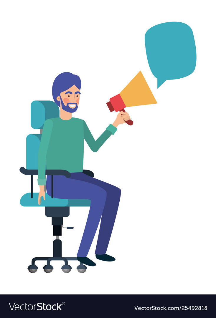 Man with sitting in office chair and megaphone