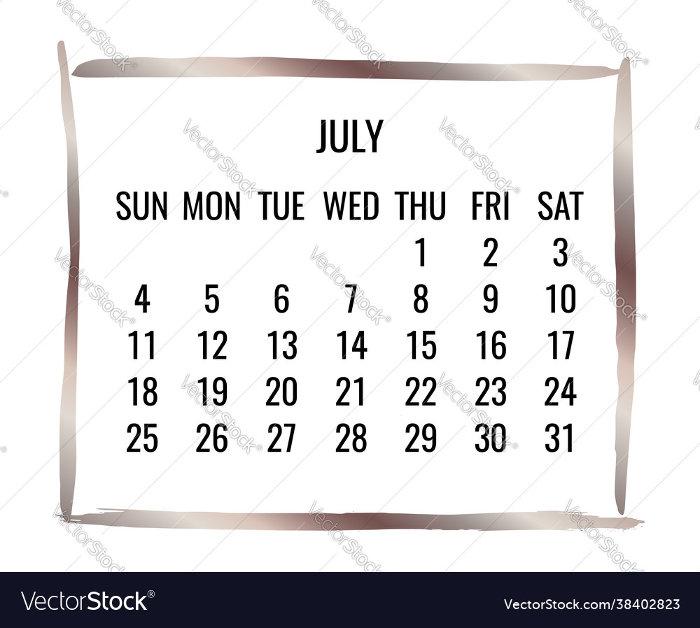 July year 2021 monthly golden calendar