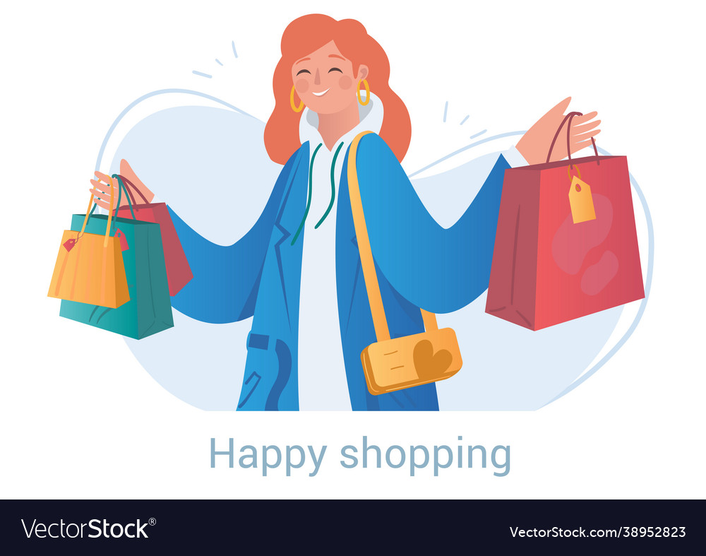 Smiling happy female character is shopping alone