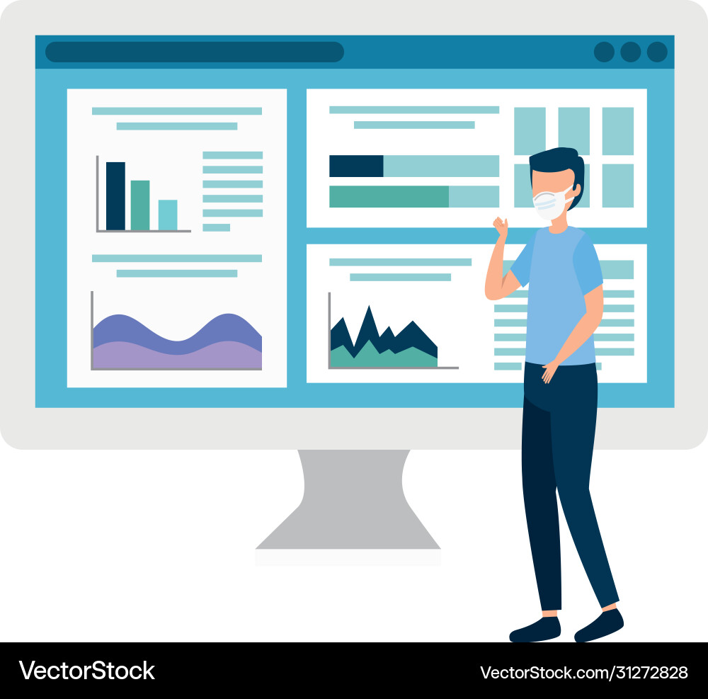 Man using face mask with infographic report Vector Image
