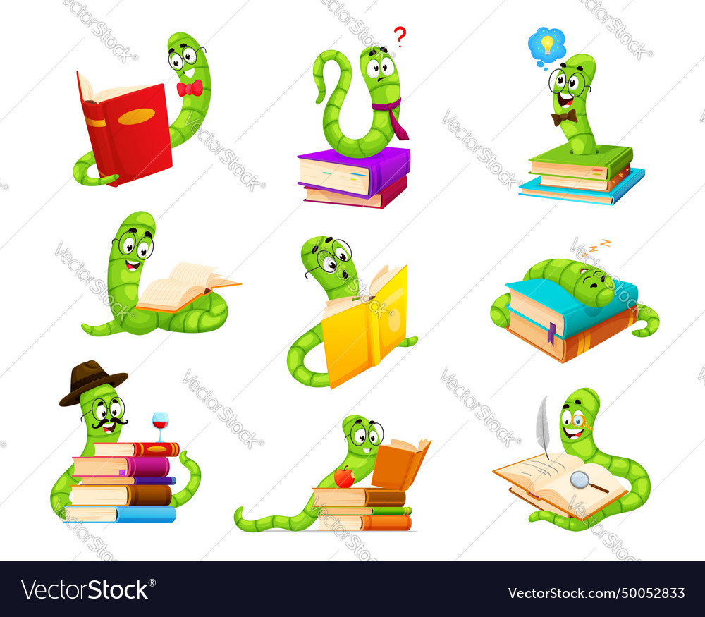 Cartoon bookworm character cute book worm animals Vector Image