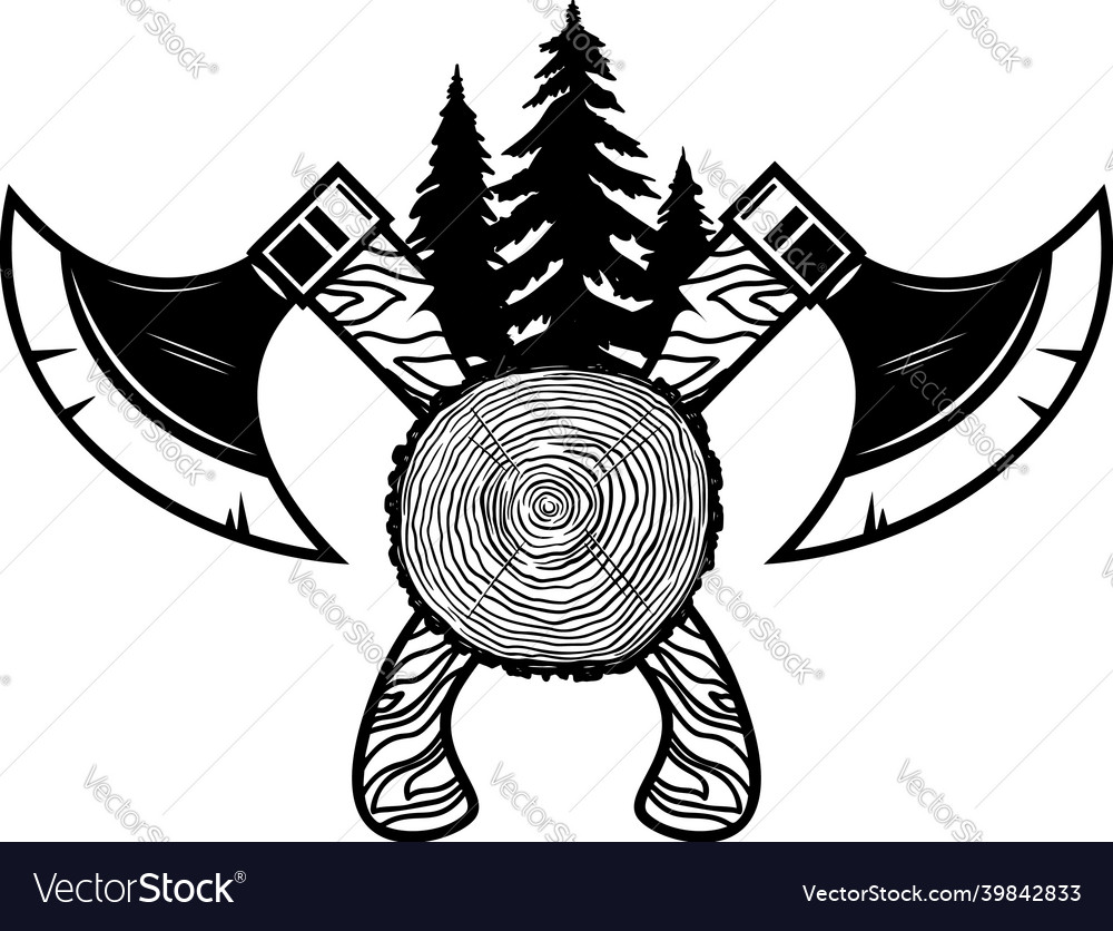 Crossed lumberjack axes with wood cut design vector image Crossed lumberjack axes with wood cut design