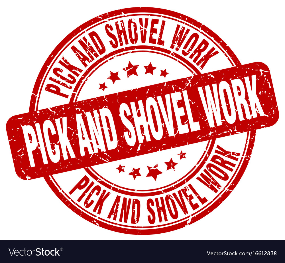 Pick and shovel work red grunge stamp Royalty Free Vector