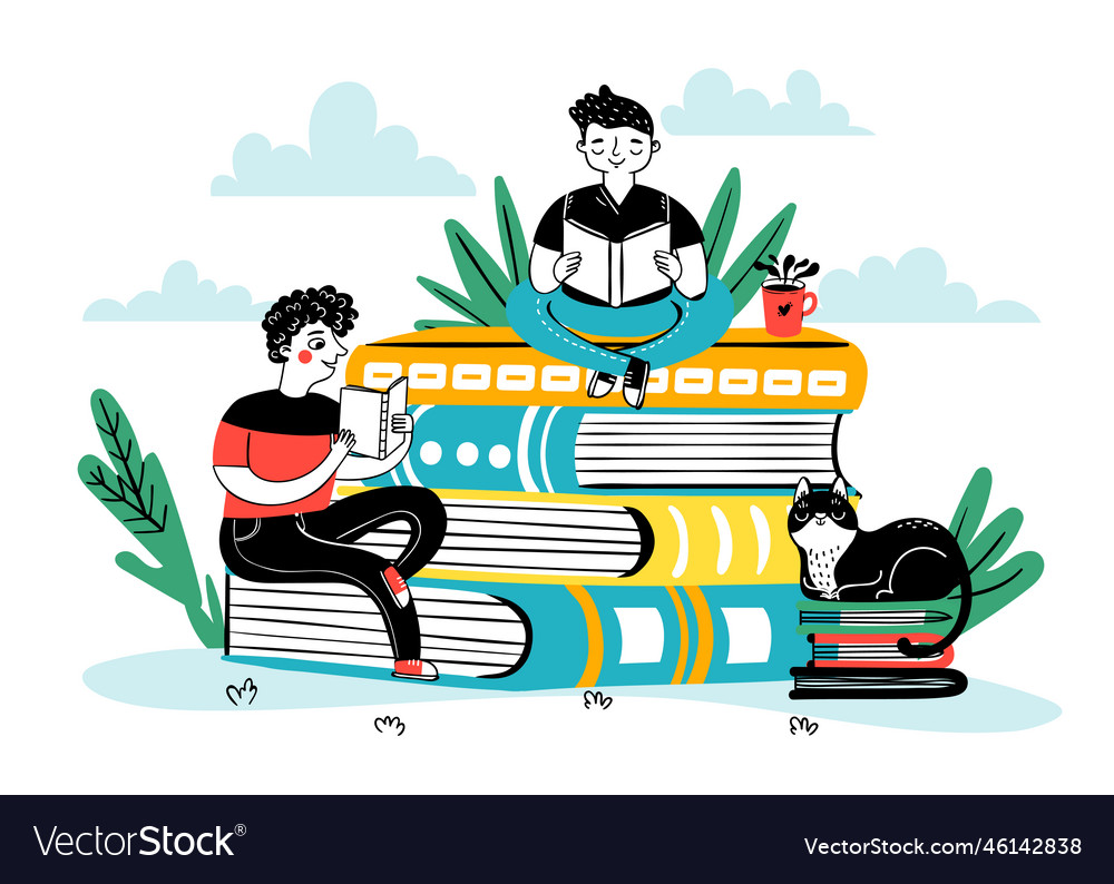 Reading on pile of books student study Royalty Free Vector