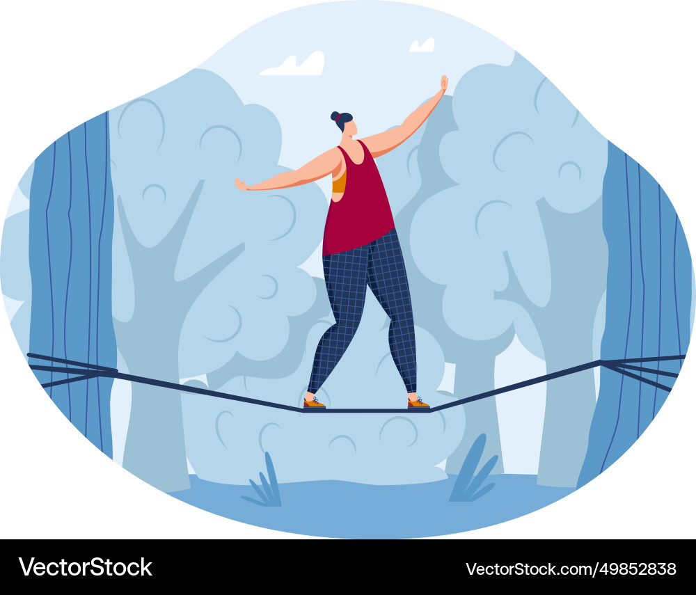 Slackline walker performing balance stunt over Vector Image