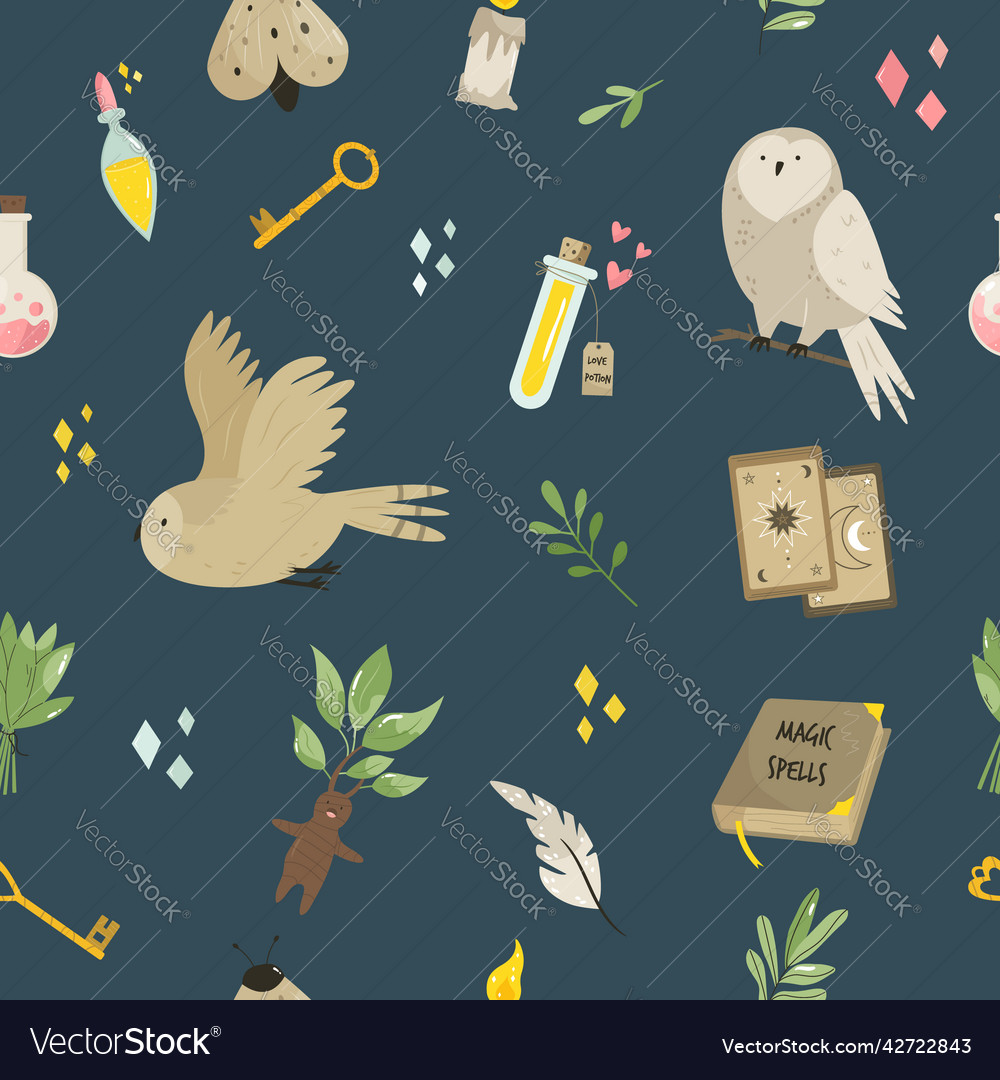 Seamless pattern with magic items symbols