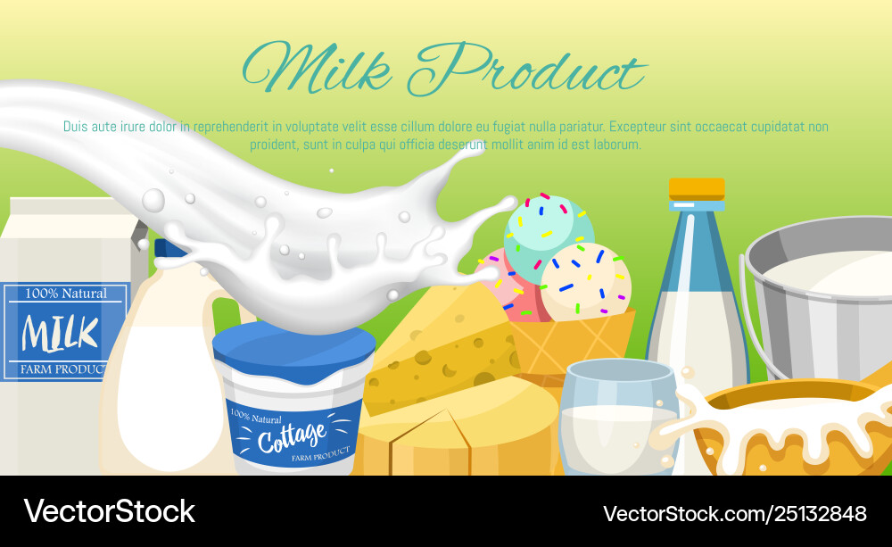 Fresh Dairy Products Concept Banner Poster Vector Image