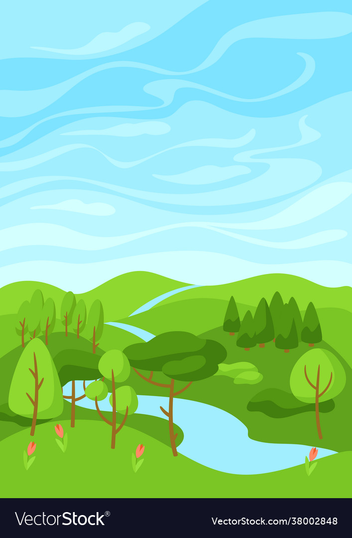 Spring landscape with forest trees and bushes Vector Image