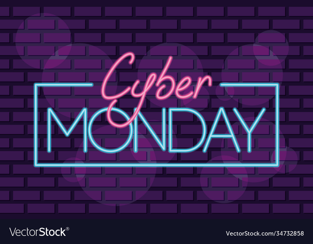 Cyber monday neon square label in purple wall Vector Image