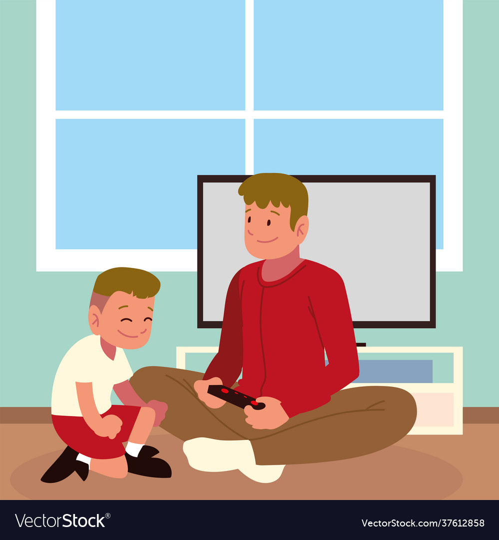 Father and Son Playing Video Games --- Image by © Royalty-…