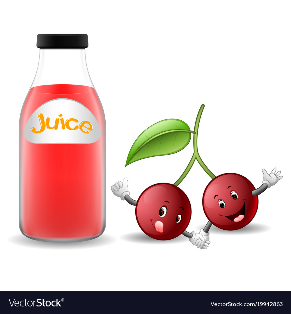 Bottle of cherry juice with cute cherry cartoon Vector Image