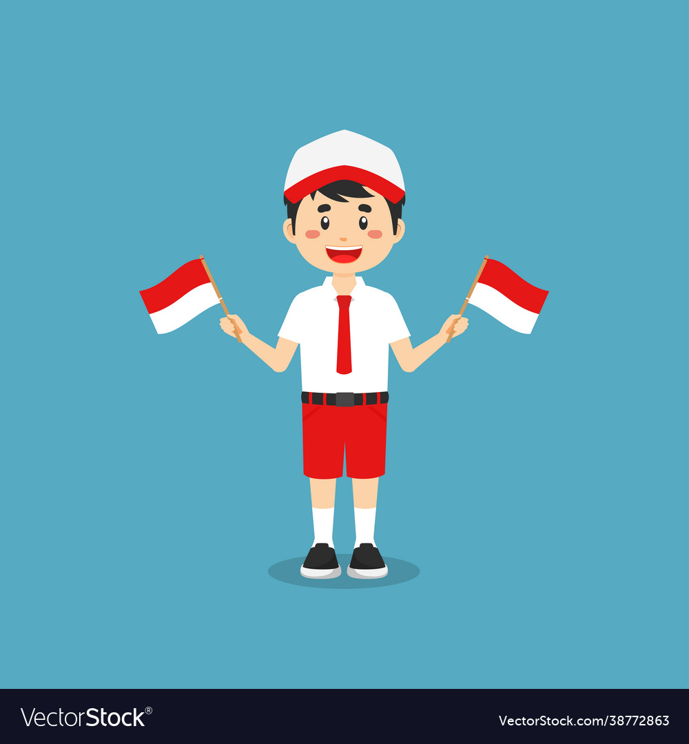 Cute indonesian elementary school holding flag