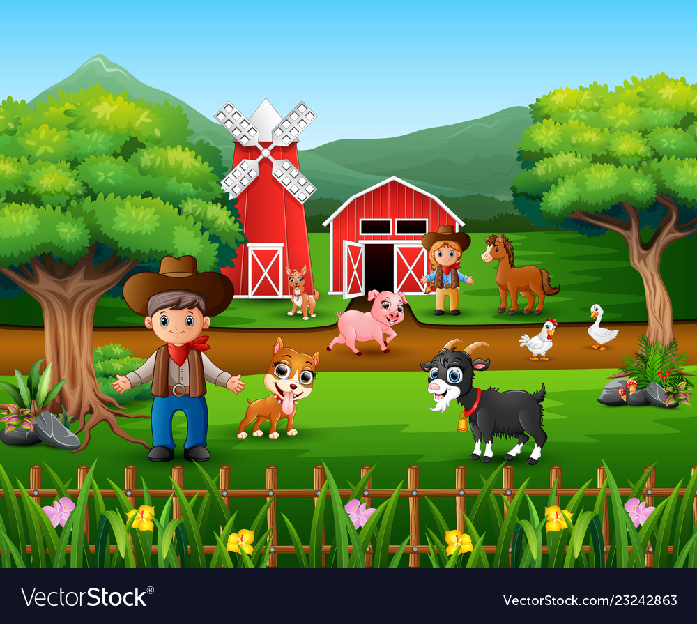 Farm scenes with many animals and farmers Vector Image