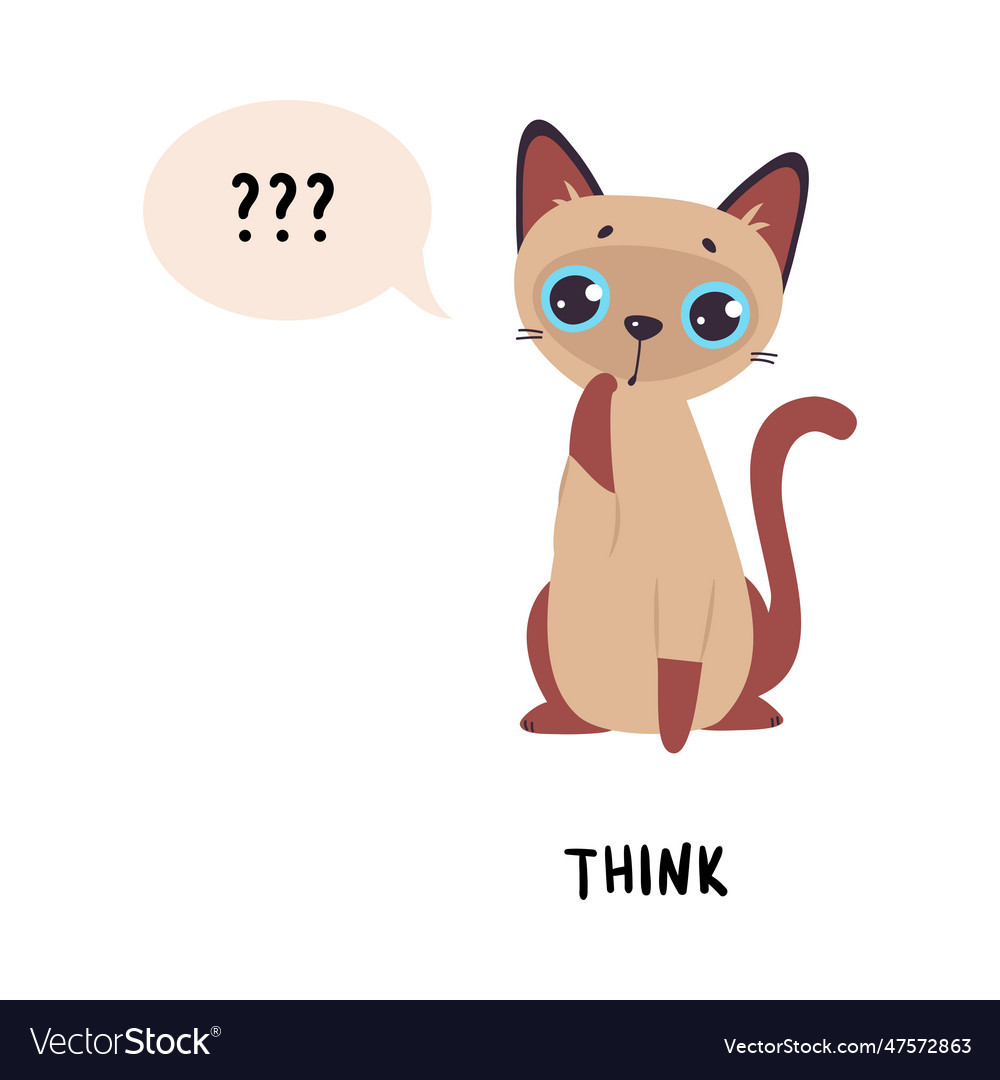 Funny brown cat thinking as english verb for Vector Image
