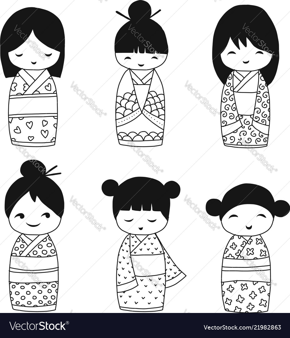 Japanese dolls collection sketch for your design Vector Image