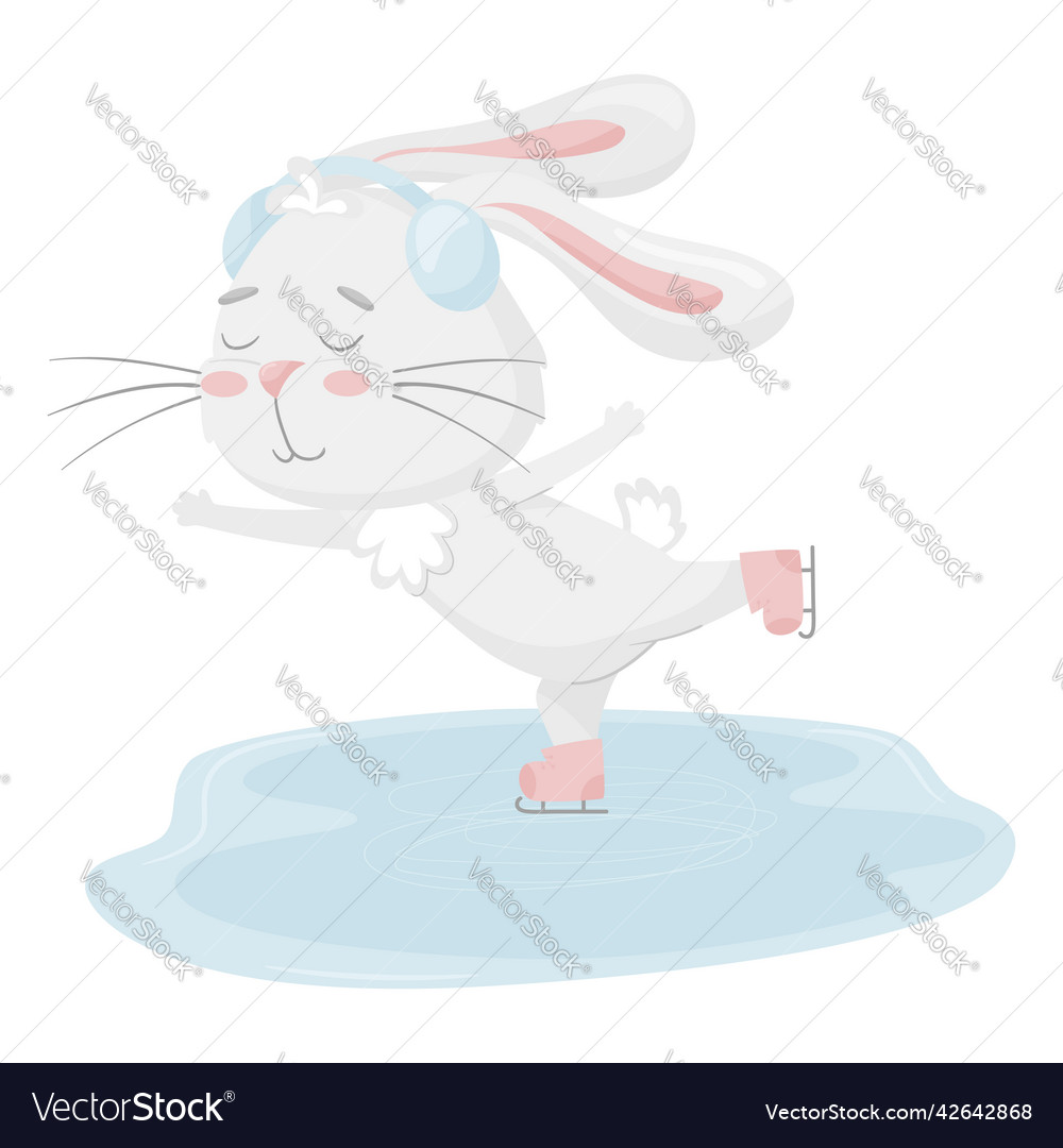 Cute rabbit skating on an ice rink wearing