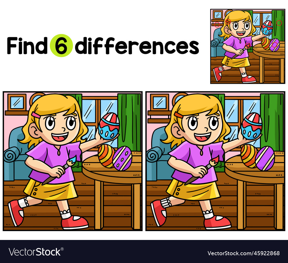 Girl painting easter egg find the differences