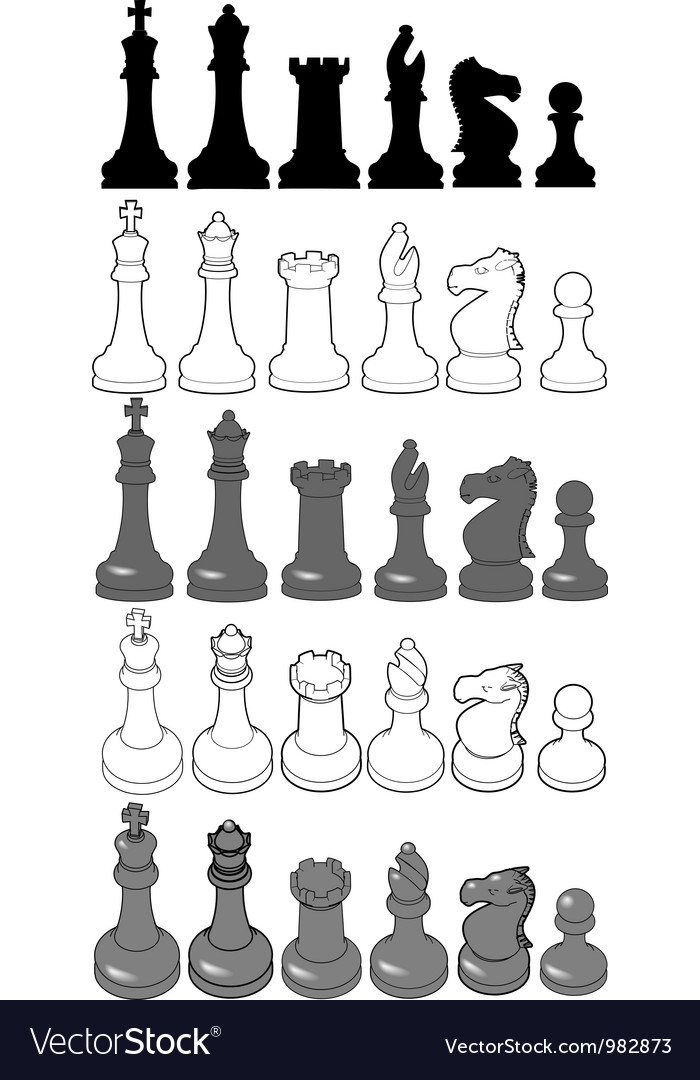 Chess set pieces 3d veiws silhouettes drawing Vector Image