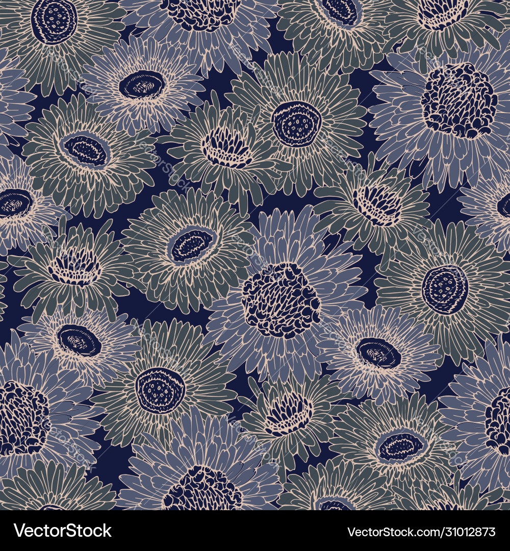 Seamless pattern with blue chrysanthemums square Vector Image