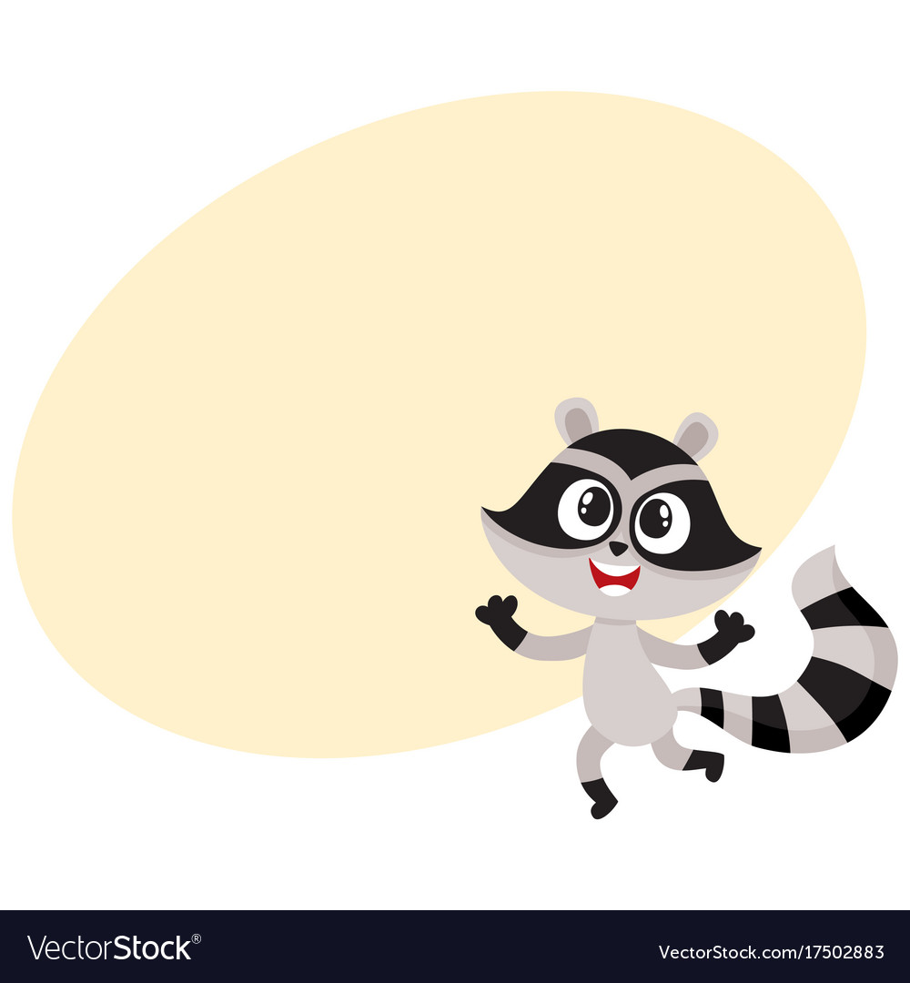 Cute happy raccoon character raising paws