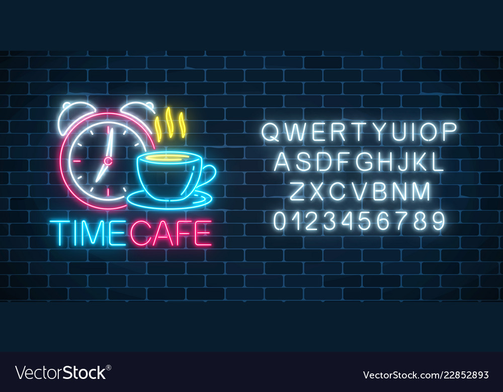 Neon sign of time-cafe with clock and coffee cup