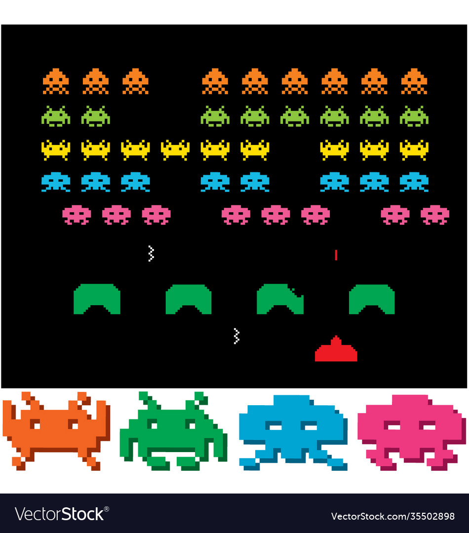 Premium Vector  Old pixel art style ufo space war game. pixel monsters and  spaceship. retro game, 8 bit