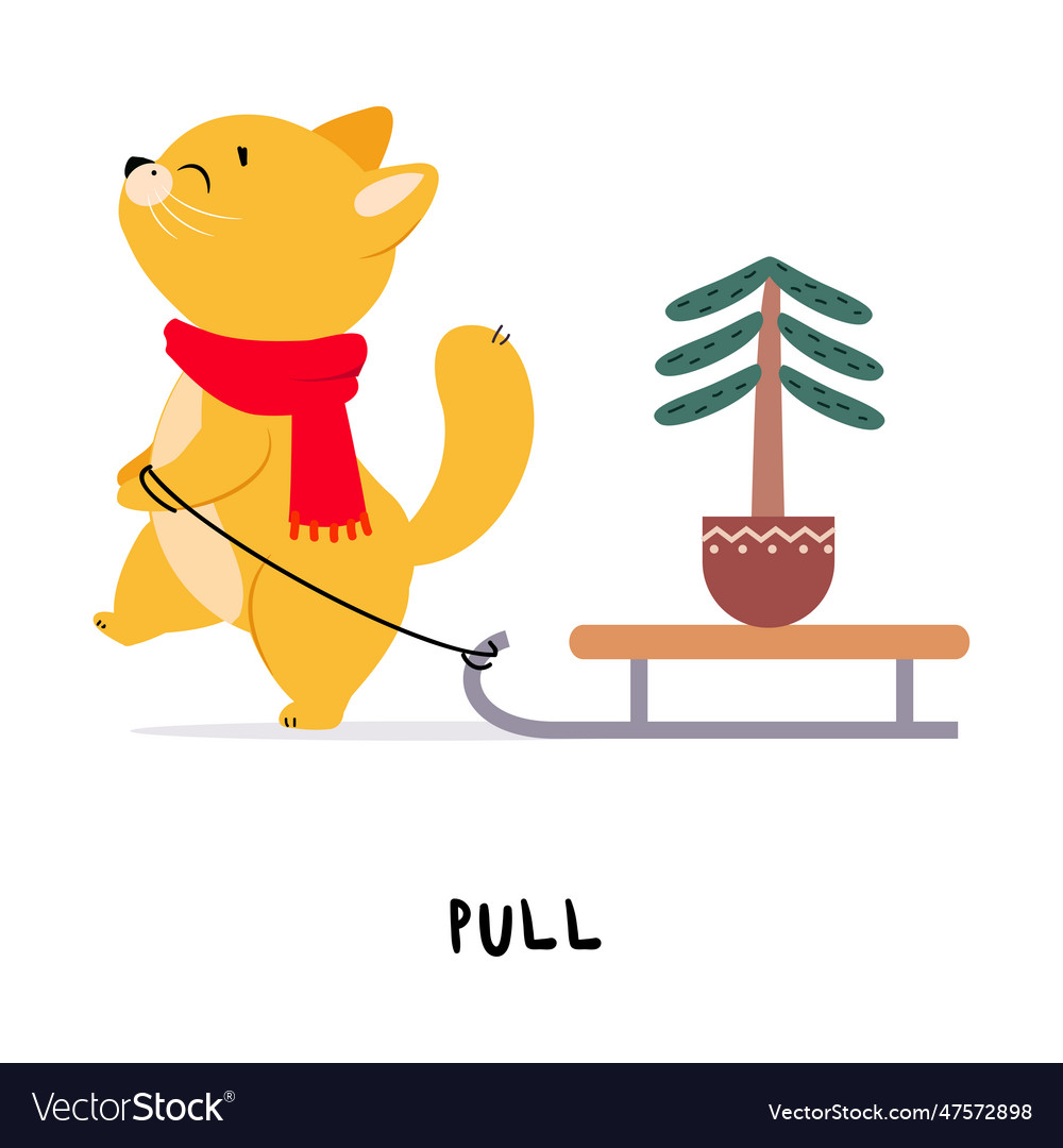 Funny ginger cat pull sledge as english verb for Vector Image