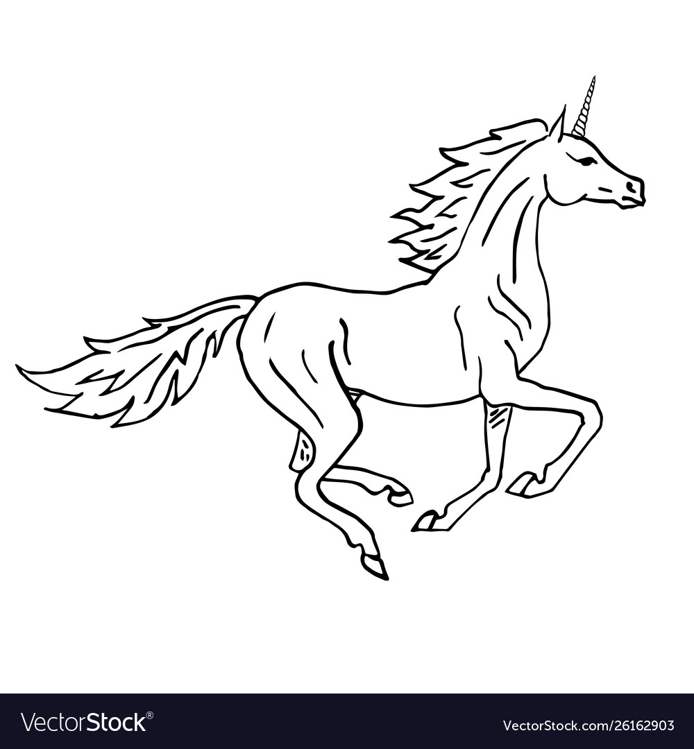 Black line hand drawn unicorn galloping Royalty Free Vector