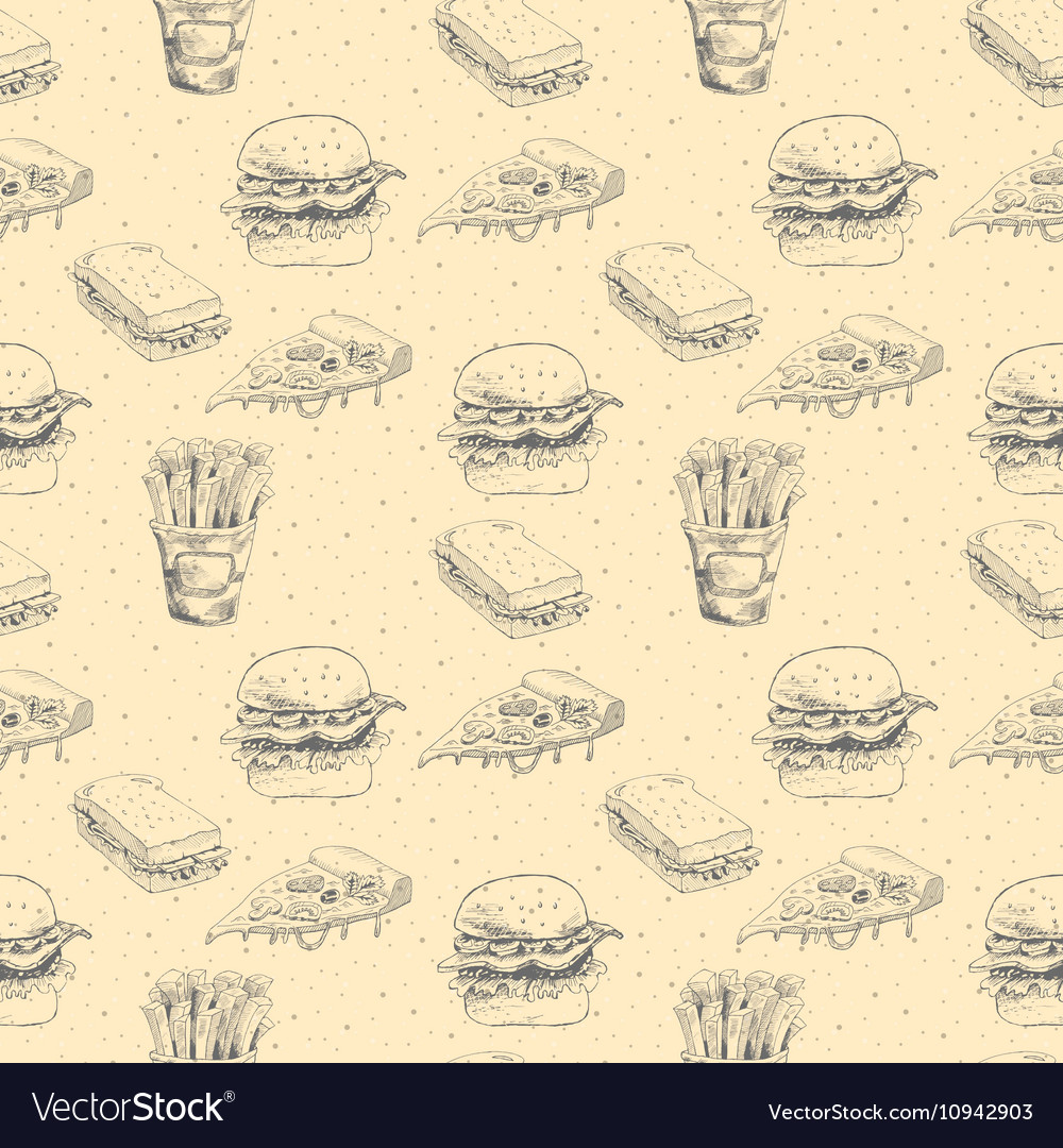 Hand drawn fast food pattern burger pizza Vector Image