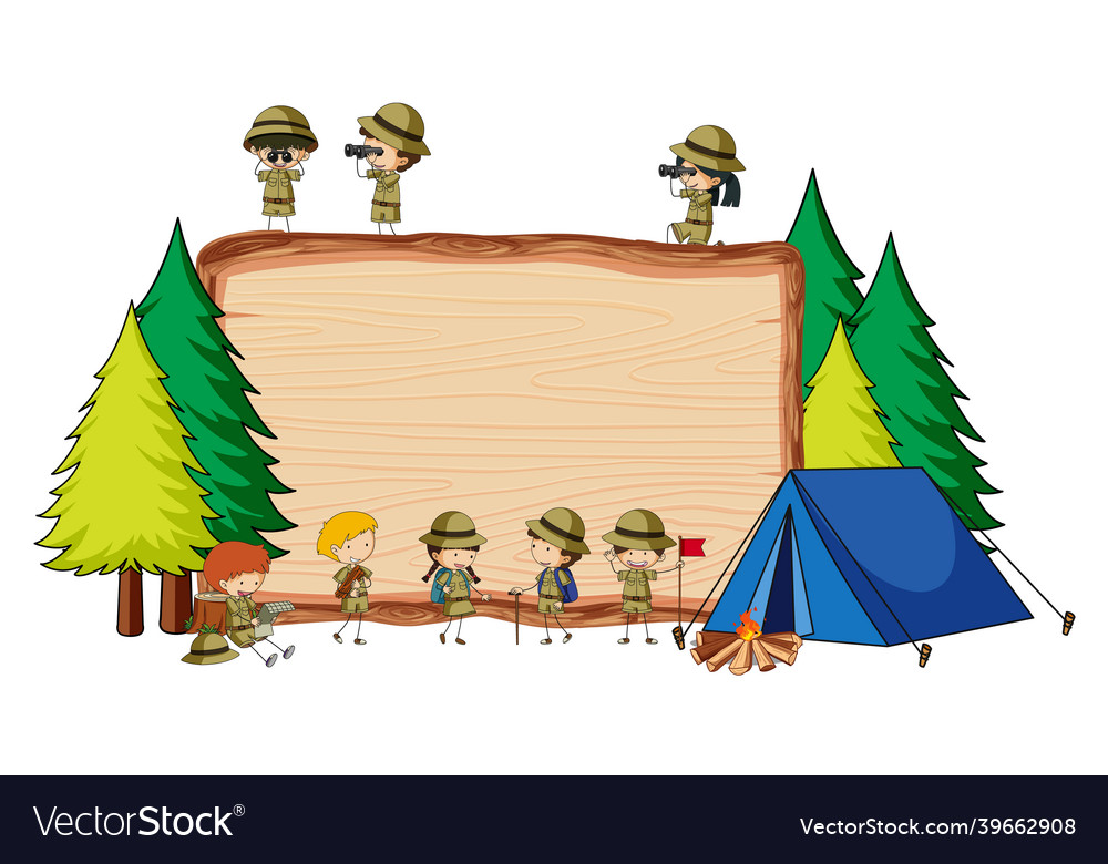 Empty wooden board with many kids in scout theme Vector Image