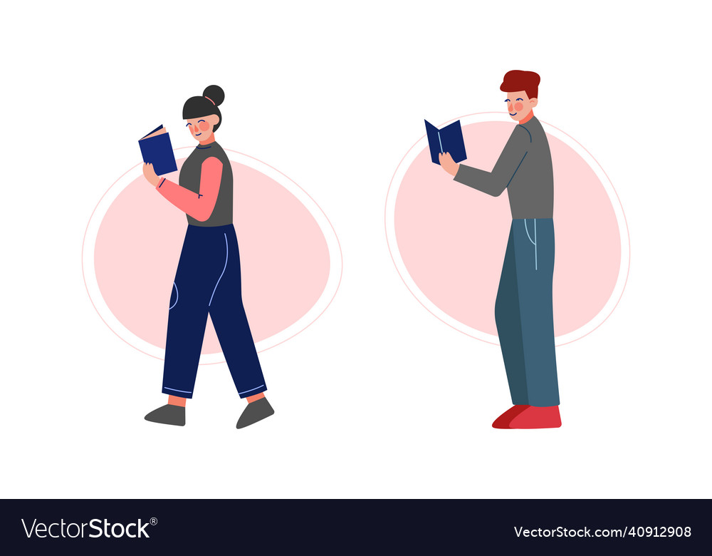 Man and woman walking reading interesting book