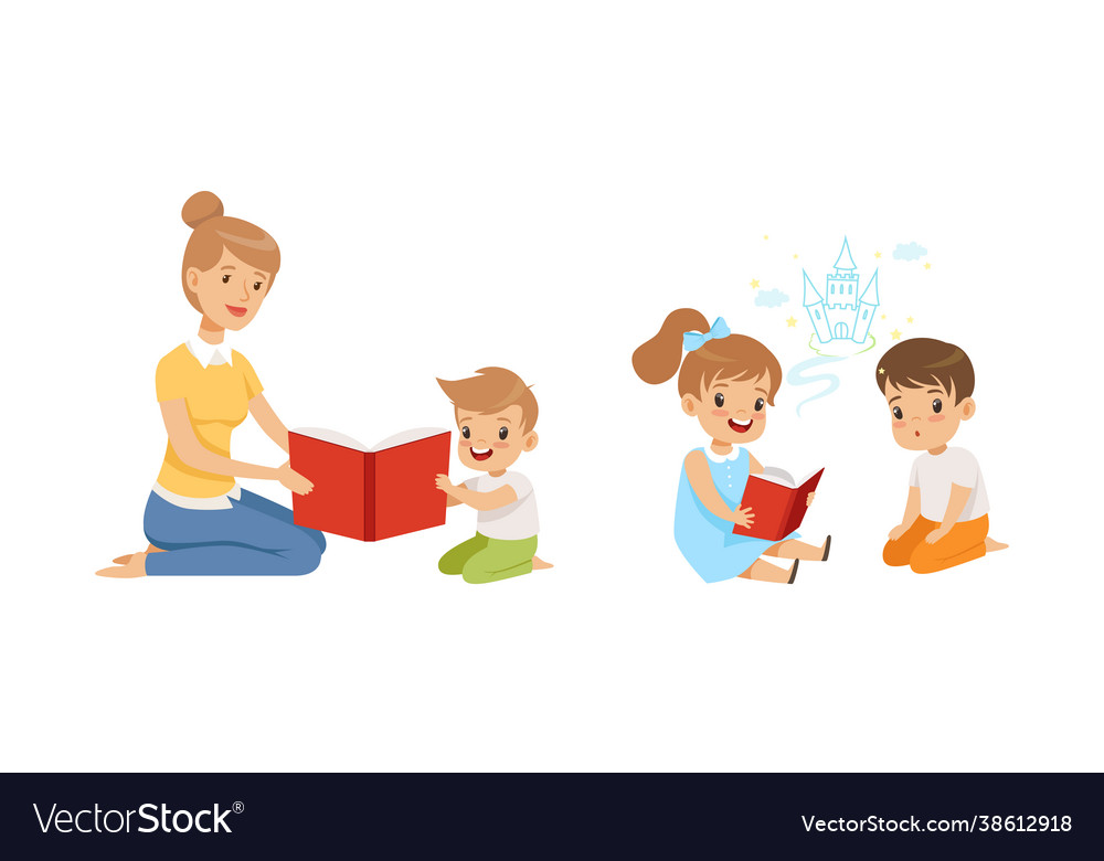 Teacher reading book to kids boy and girl sitting