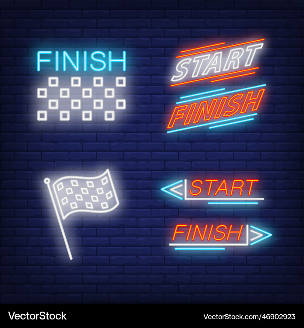 Start and finish flag neon signs set Royalty Free Vector