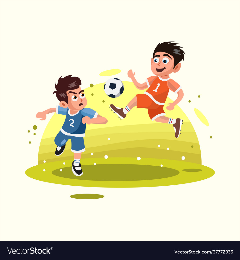 Two kids playing soccer ball on field Royalty Free Vector