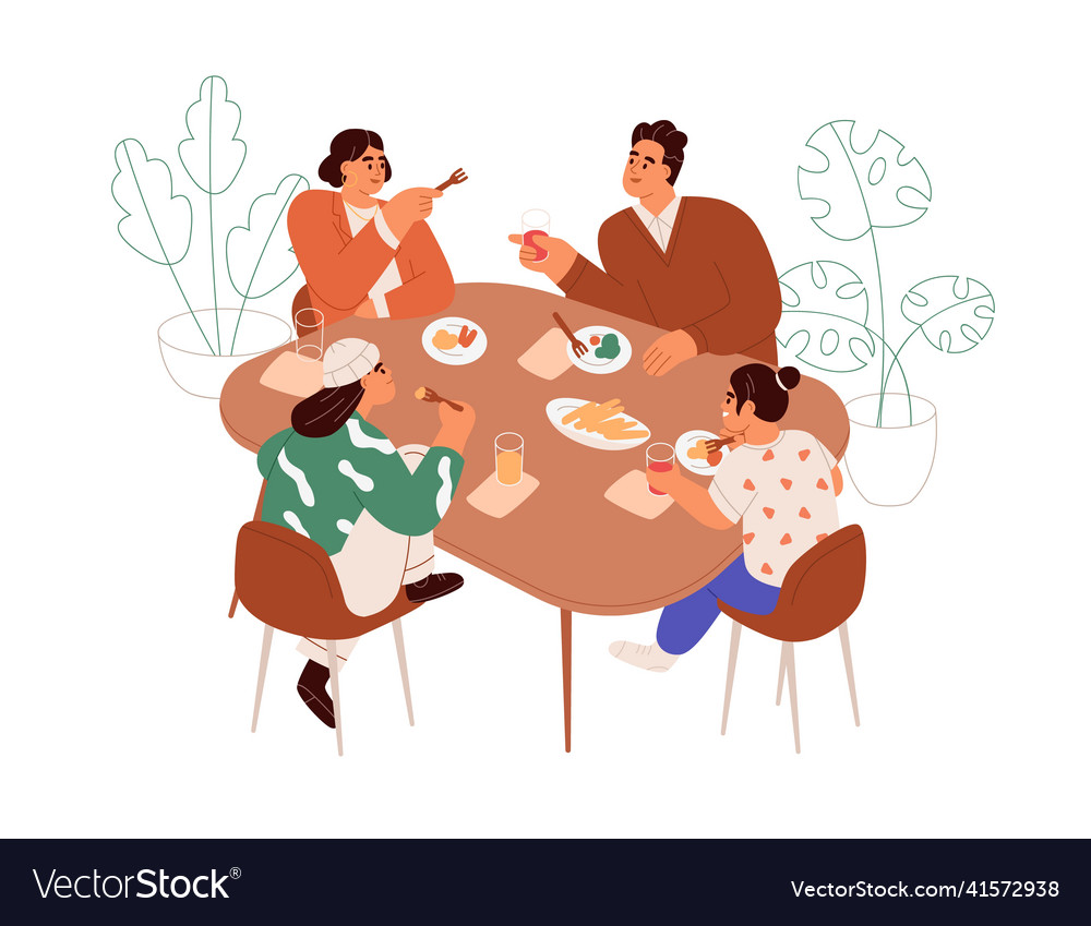 Happy family having meal dinner at table parents Vector Image