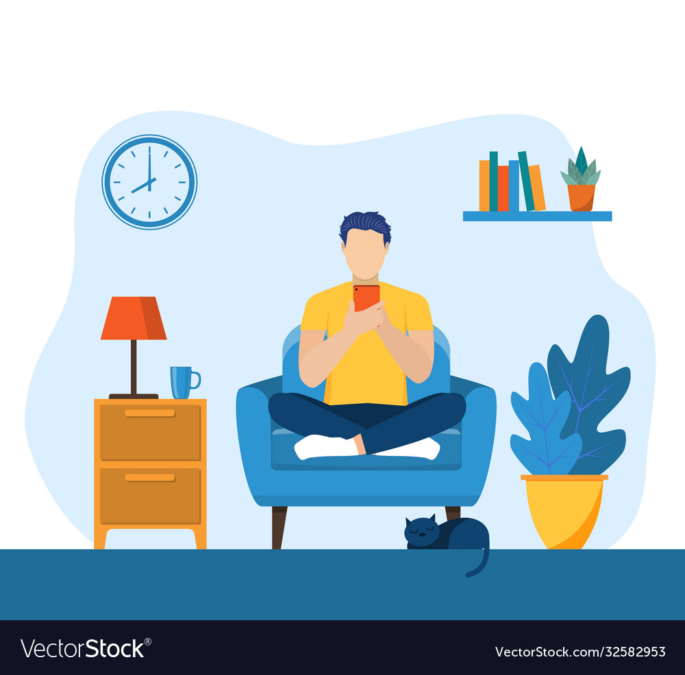 Man using phone sitting legs crossed Royalty Free Vector