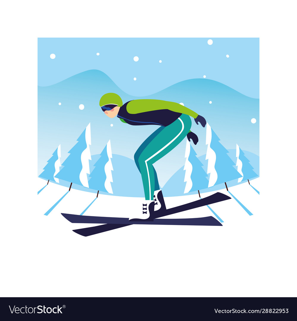 Man with mountain ski in landscape winter