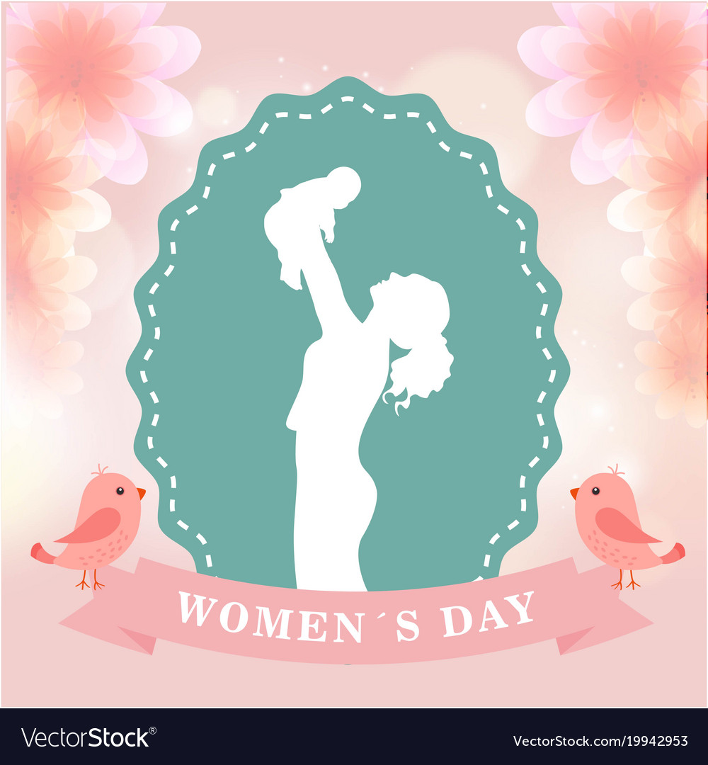 Womens Day Mom Hold Son Green Frame Pink Backgroun Womens Day Mom Hold Son Green Frame Pink Backgroun Vector Image