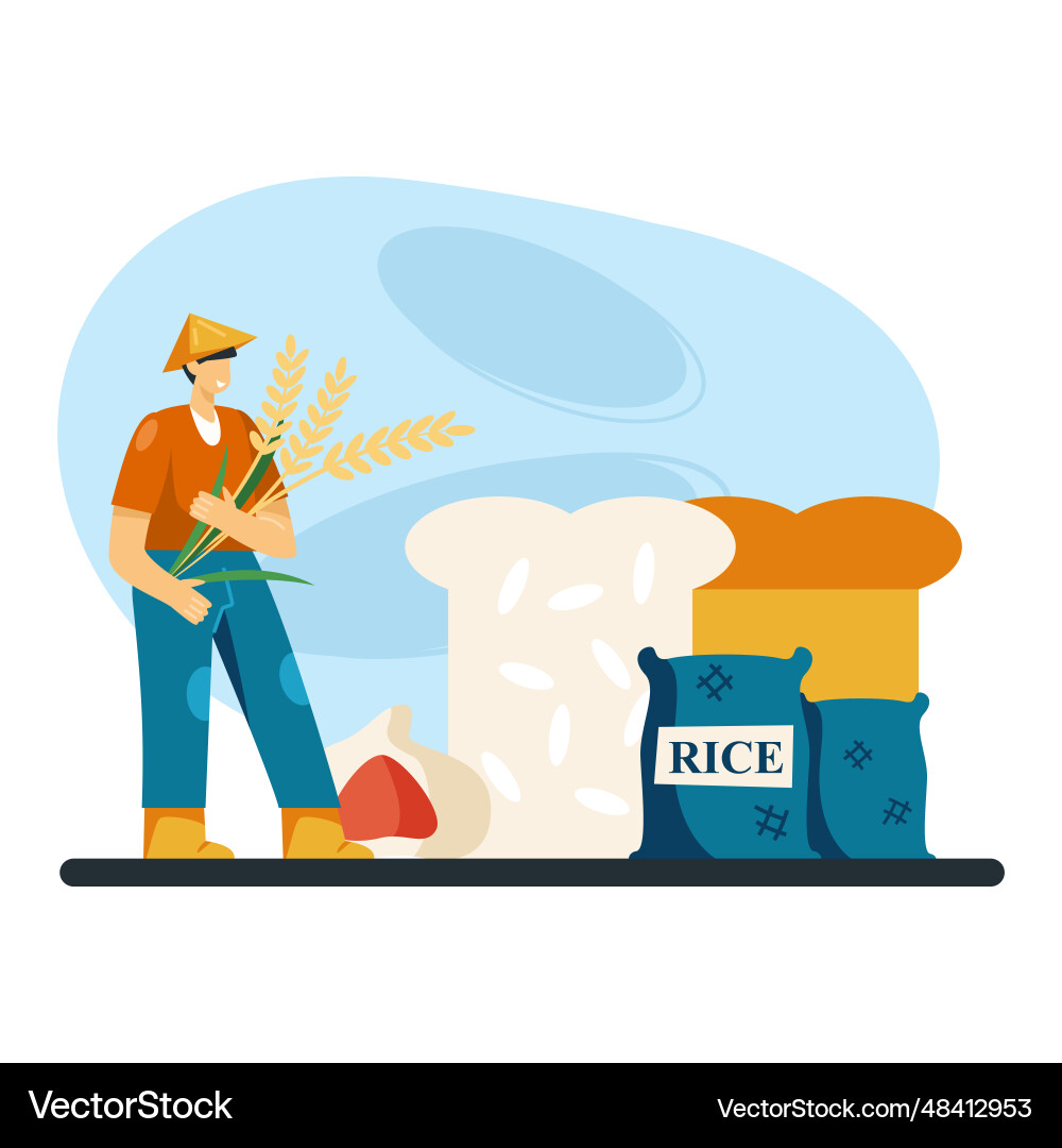 Worker in traditional hat holding rice ears Vector Image
