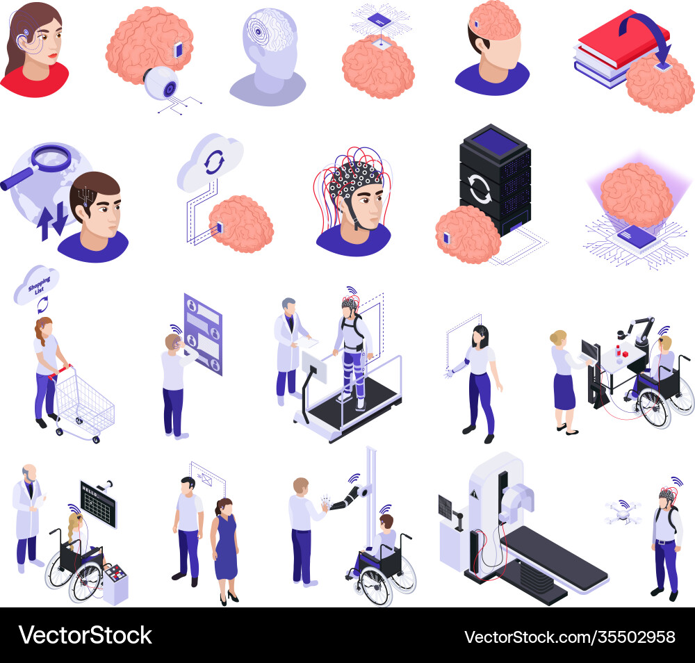 Brain implants technologies isometric set Vector Image