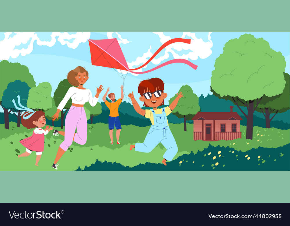 Happy family flying kite with kids having fun