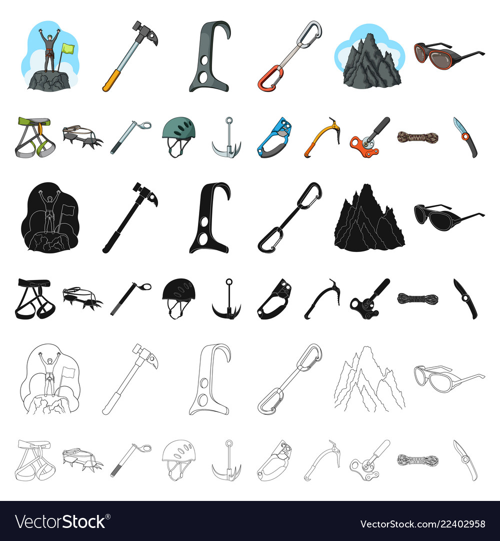 Mountaineering and climbing cartoon icons in set