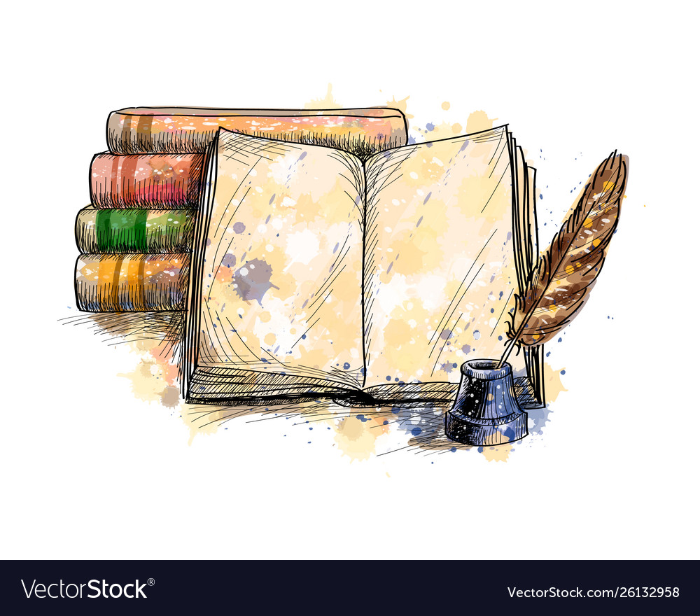 Stack books open book and quill pen Royalty Free Vector