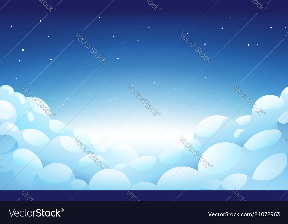 Blue night sky with white fluffy clouds and stars