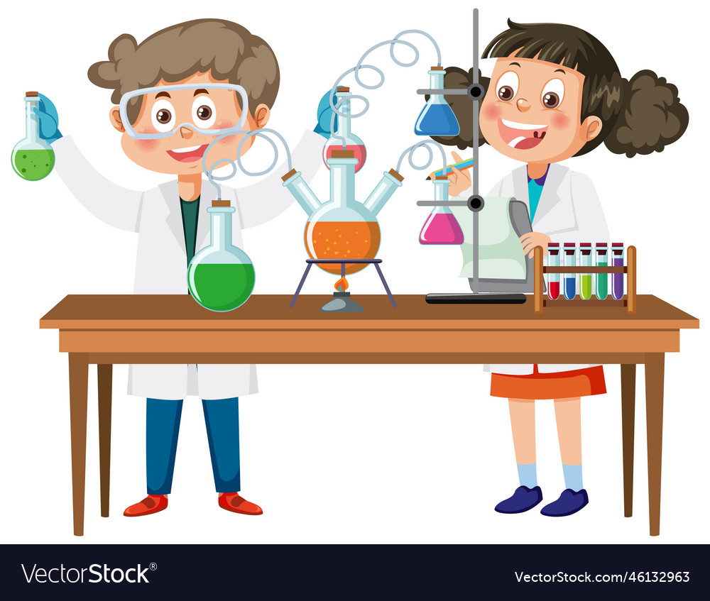 Scientist kids doing chemical experiment Vector Image