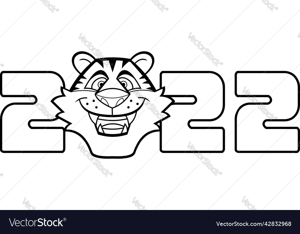 Outlined funny 2022 year of the tiger with face Vector Image